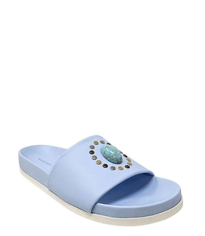 Luxury slip-on sandal handcrafted in Italy with a cushioned footbed and wide strap embellished with decorative elements. Designed by Madison Maison, photographed from multiple angles on a clean white background.