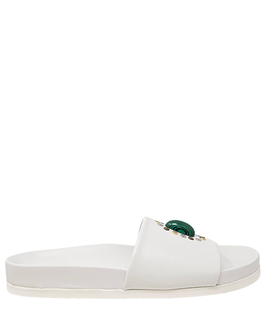 Luxury slip-on sandal handcrafted in Italy with a cushioned footbed and wide strap embellished with decorative elements. Designed by Madison Maison, photographed from multiple angles on a clean white background.