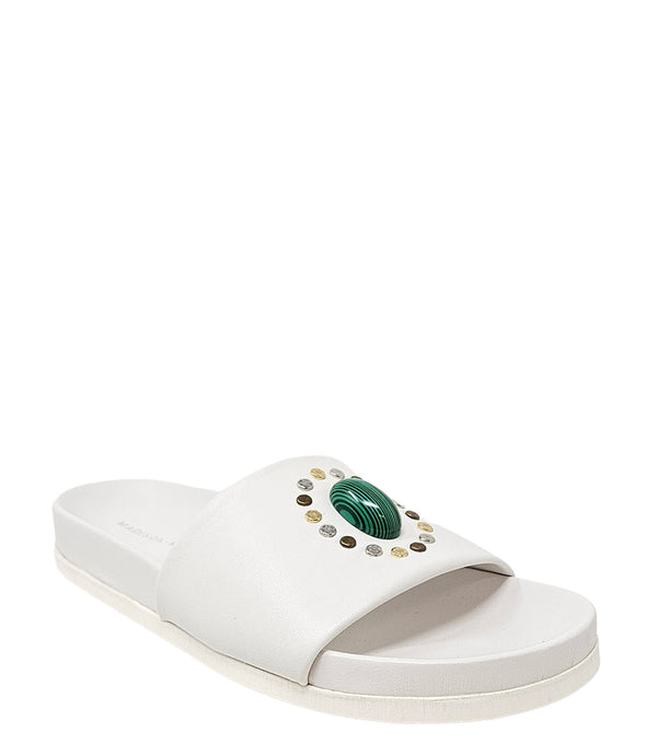Luxury slip-on sandal handcrafted in Italy with a cushioned footbed and wide strap embellished with decorative elements. Designed by Madison Maison, photographed from multiple angles on a clean white background.