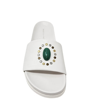 Luxury slip-on sandal handcrafted in Italy with a cushioned footbed and wide strap embellished with decorative elements. Designed by Madison Maison, photographed from multiple angles on a clean white background.