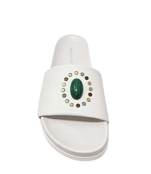 Luxury slip-on sandal handcrafted in Italy with a cushioned footbed and wide strap embellished with decorative elements. Designed by Madison Maison, photographed from multiple angles on a clean white background.