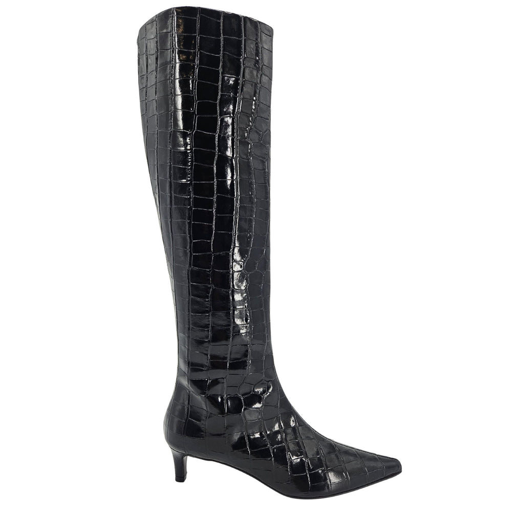A black, knee-high boot with a mock crocodile texture and a slender kitten heel. The boot has a pointed toe.