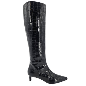 A black, knee-high boot with a mock crocodile texture and a slender kitten heel. The boot has a pointed toe.