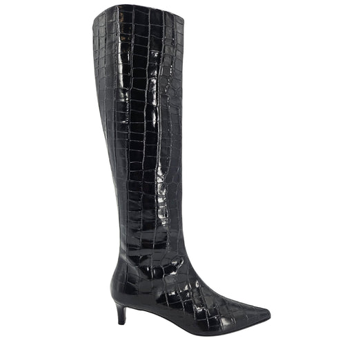 A black, knee-high boot with a mock crocodile texture and a slender kitten heel. The boot has a pointed toe.