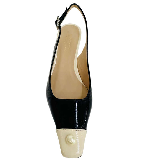 "Elegant Italian-made slingback heel with a low tapered heel, square toe, and a pearl accent on the toe cap. Features a textured finish and jeweled buckle strap. Shown from multiple angles against a clean background.