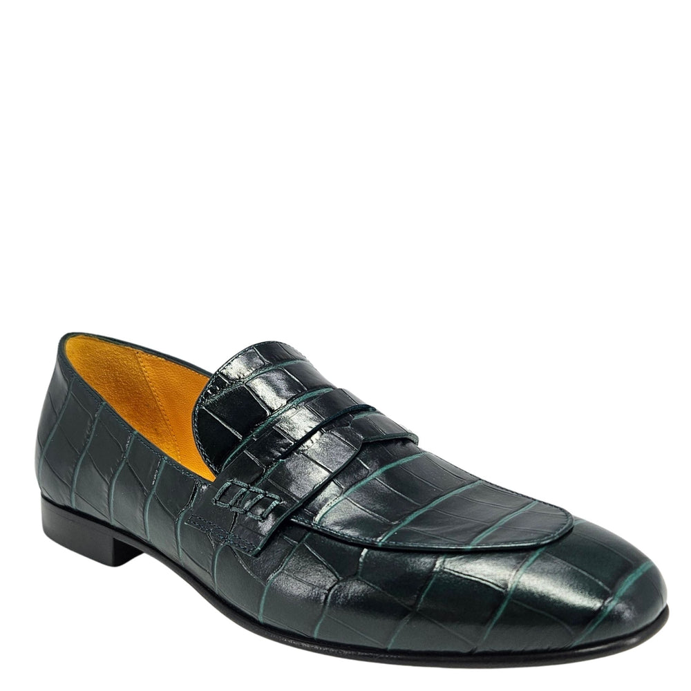 Dark green croc-texture leather flat loafer with strap and moc toe