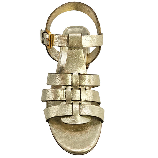 Gold sandal with multiple straps on a white background
