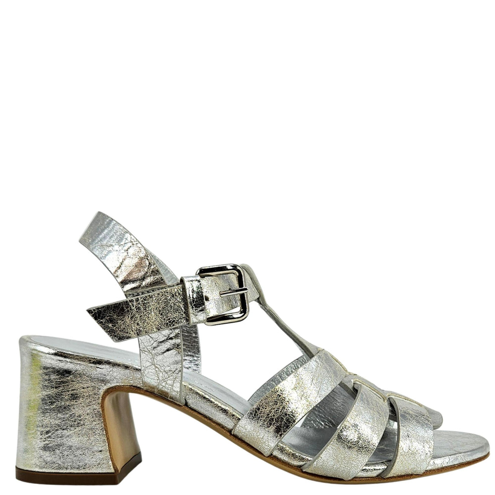 Silver metallic sandal with multiple straps on a white background