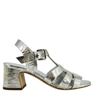 Silver metallic sandal with multiple straps on a white background