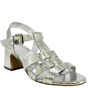 Silver sandal with multiple straps on a white background