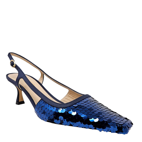 Blue sequin slingback shoe on a white background