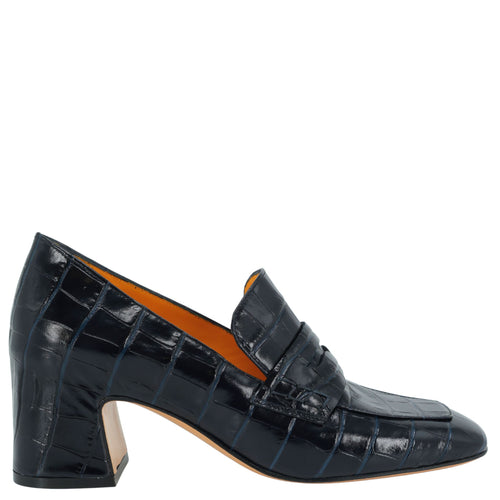 Dark Navy crocodile-patterned loafer shoe on a white background
