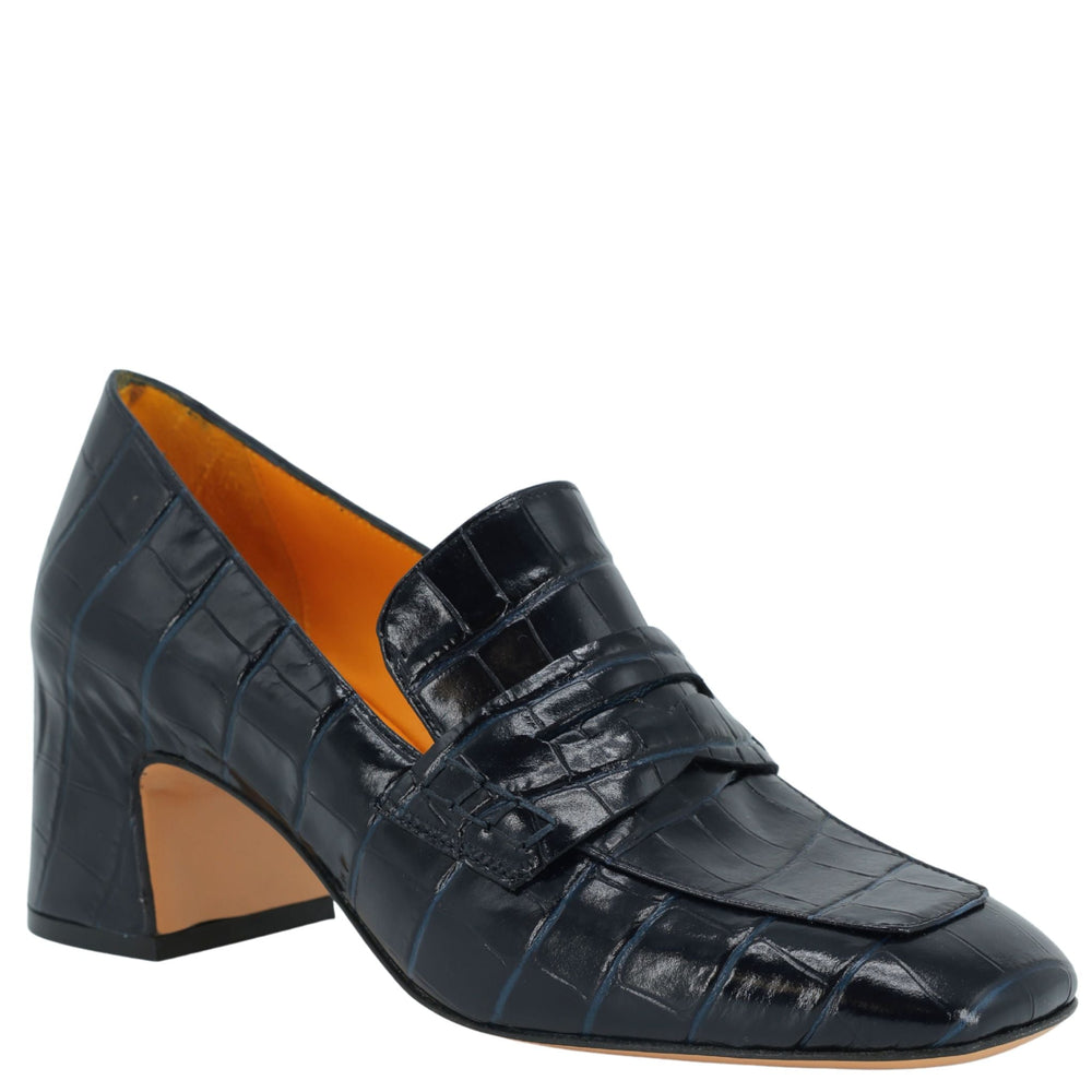 Navy leather croc-embossed heel moc loafer, slip-on with block heel