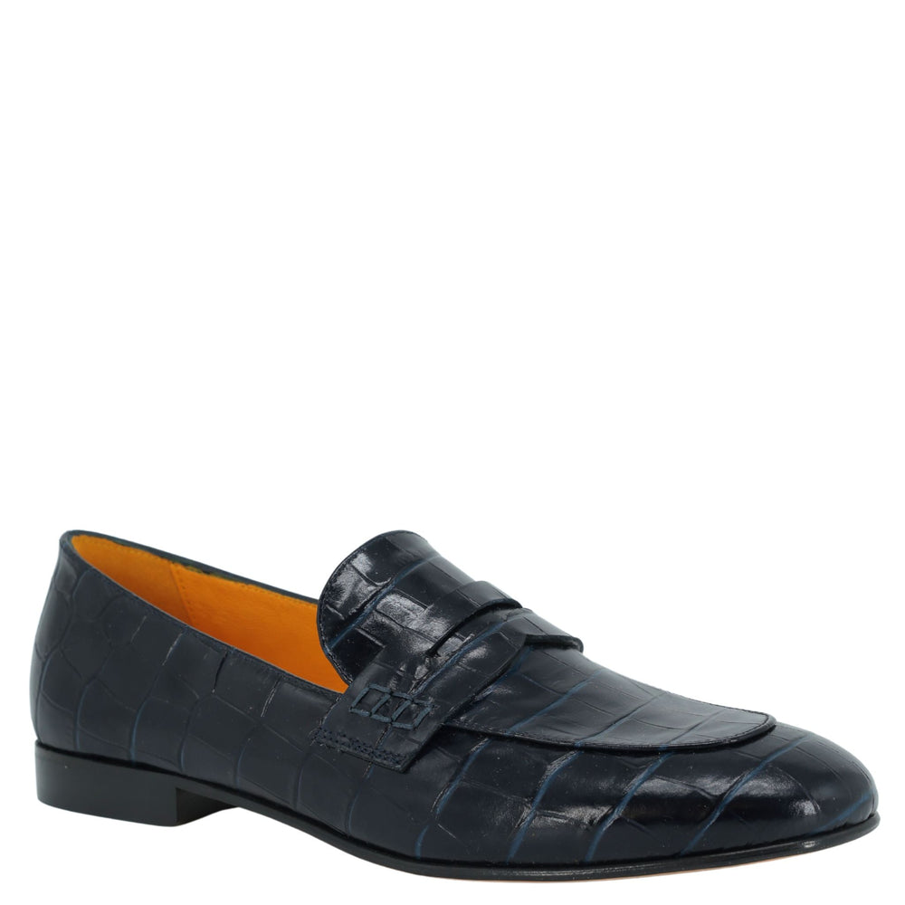Navy crocodile-embossed leather flat moc loafer, slip-on with strap