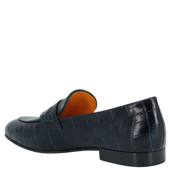 Dark Navy crocodile-patterned loafer shoe on a white background
