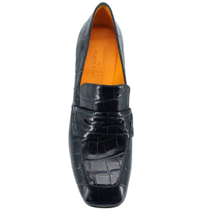 Dark Navy crocodile-patterned loafer shoe on a white background