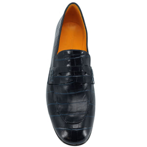 Dark Navy crocodile-patterned loafer shoe on a white background