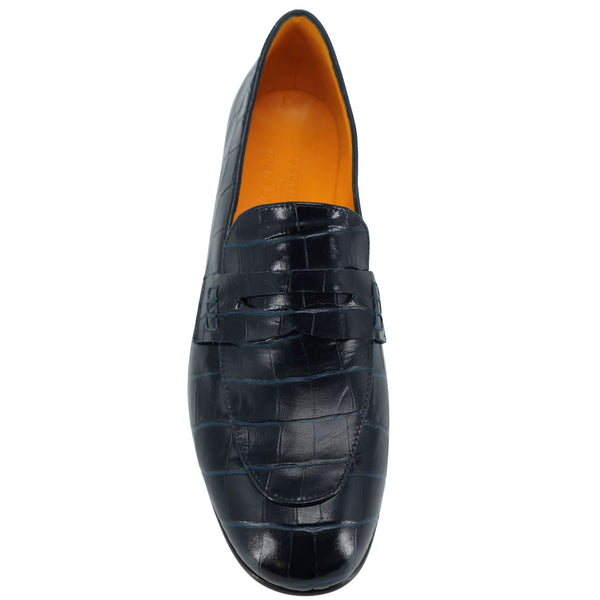 Dark Navy crocodile-patterned loafer shoe on a white background