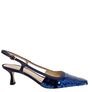 Blue sequin slingback shoe on a white background