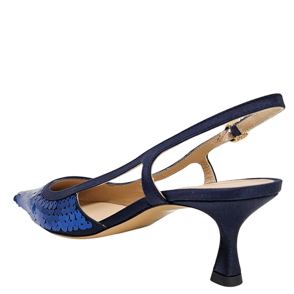 Navy blue high-heeled shoe with blue sequin detailing on a white background