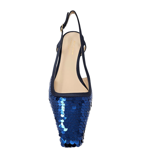 Blue sequin high heel shoe on a white background