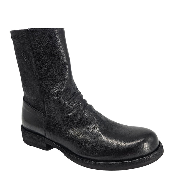 A black leather ankle boot with a low heel and a slightly textured finish.