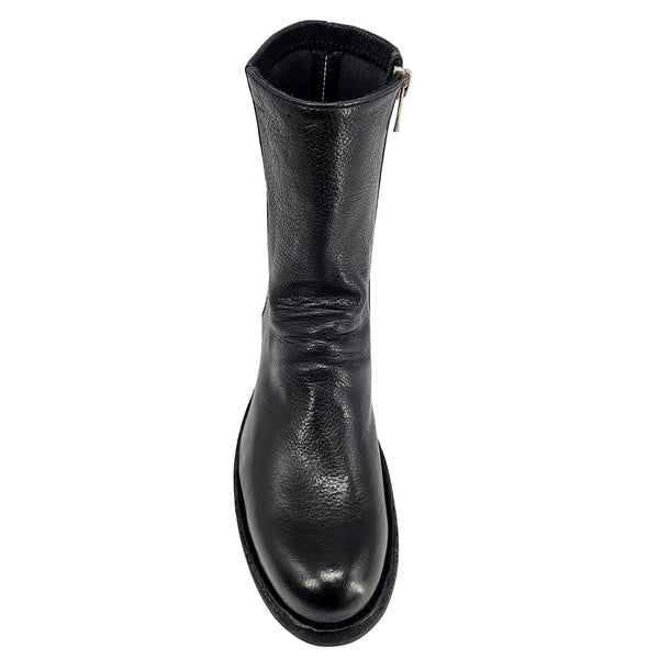 A black leather ankle boot with a low heel and a slightly textured finish.