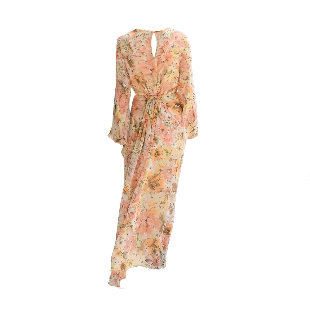 Pale peach floral maxi dress with long bell sleeves and tie waist