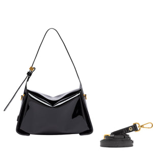 Black handbag with a detachable strap on a white background
