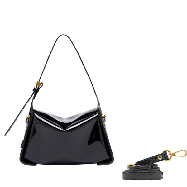 Black handbag with a detachable strap on a white background