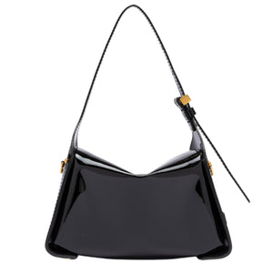 Black handbag with a strap on a white background