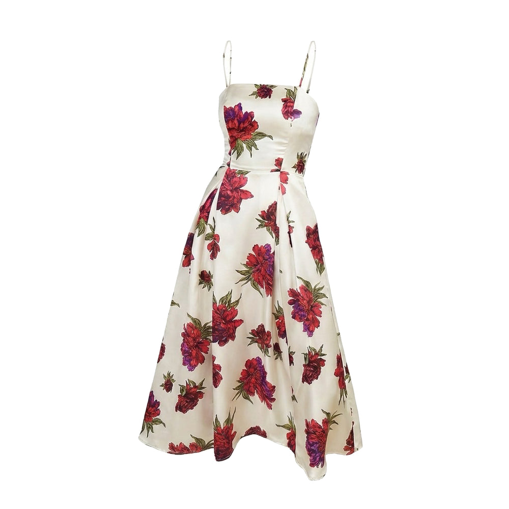 Floral dress with red and purple flowers on a white background