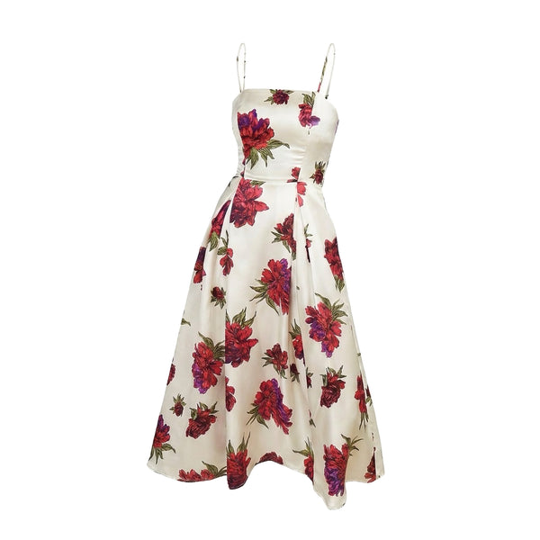 Floral dress with red and purple flowers on a white background