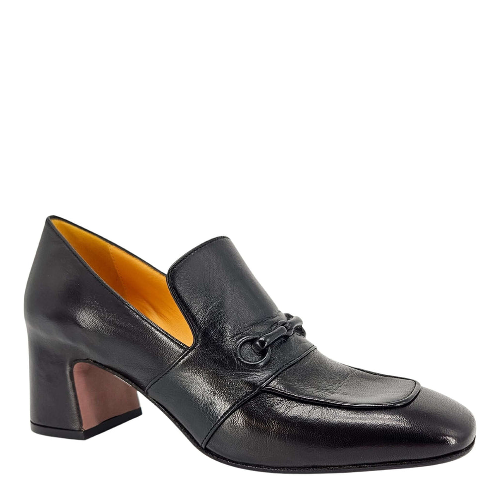 Black leather hidden-bit loafer with mid block heel and decorative bit detail