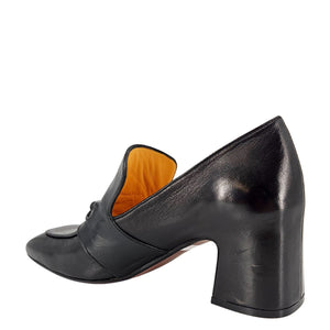 Black leather shoe with a block heel on a white background
