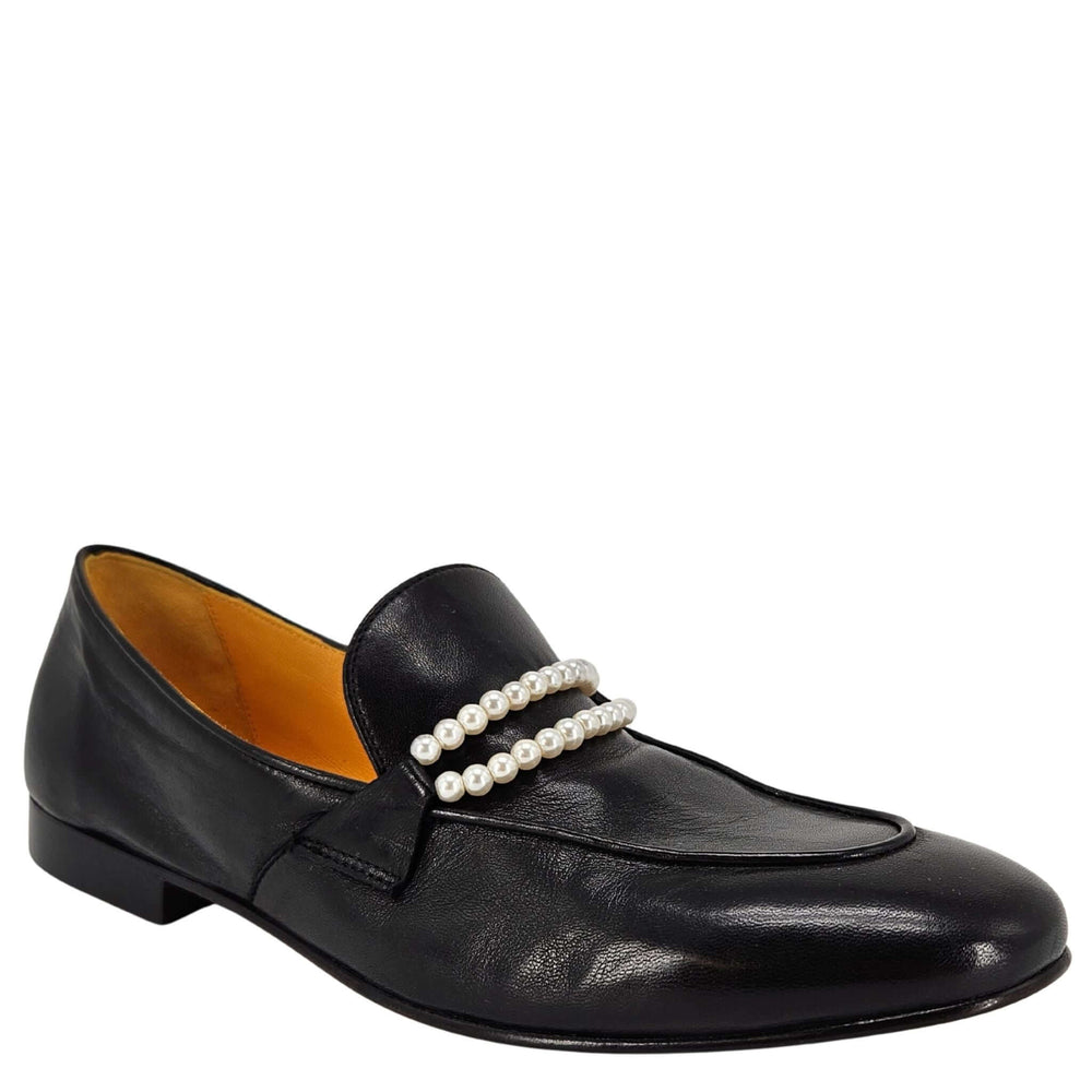 Black leather flat loafer with pearl-embellished strap at vamp
