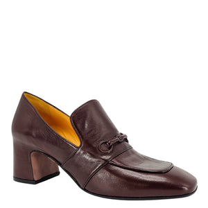 Brown leather shoe with a block heel on a white background