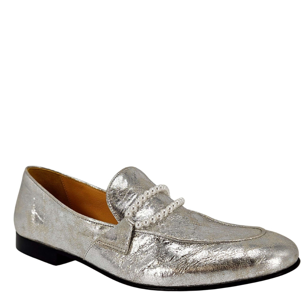 Silver metallic leather flat loafer with pearl-adorned strap and almond toe