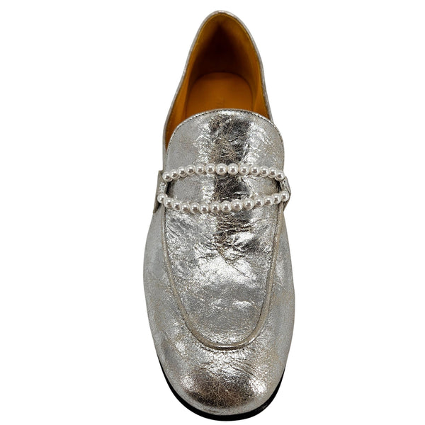 Silver loafer with a chain detail on a white background