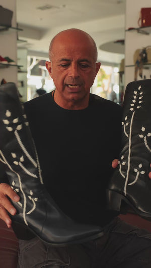 Black Tall Boots with Floral Embroidery