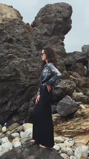 denim jacket with metallic details on outer 