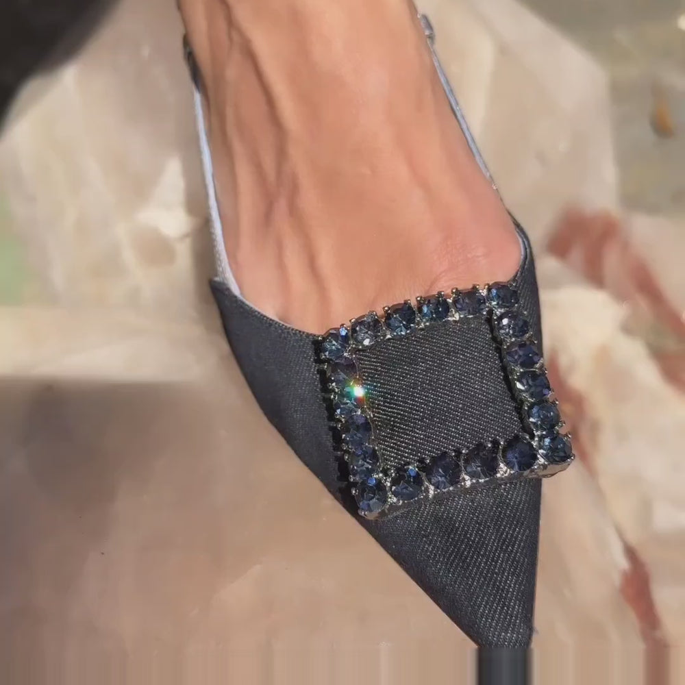 
                      
                        Cargar y reproducir video en el visor de la galería, Denim/Plata Sling Back Plano
                      
                    