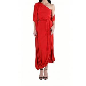 Red one-shoulder dress on a white background
