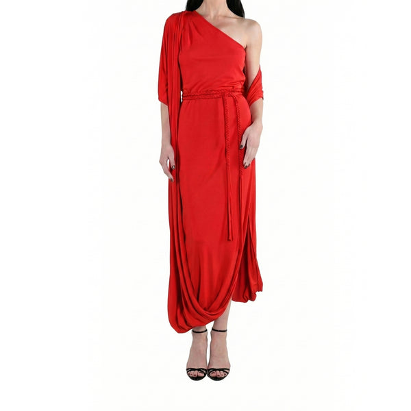 Red one-shoulder dress on a white background