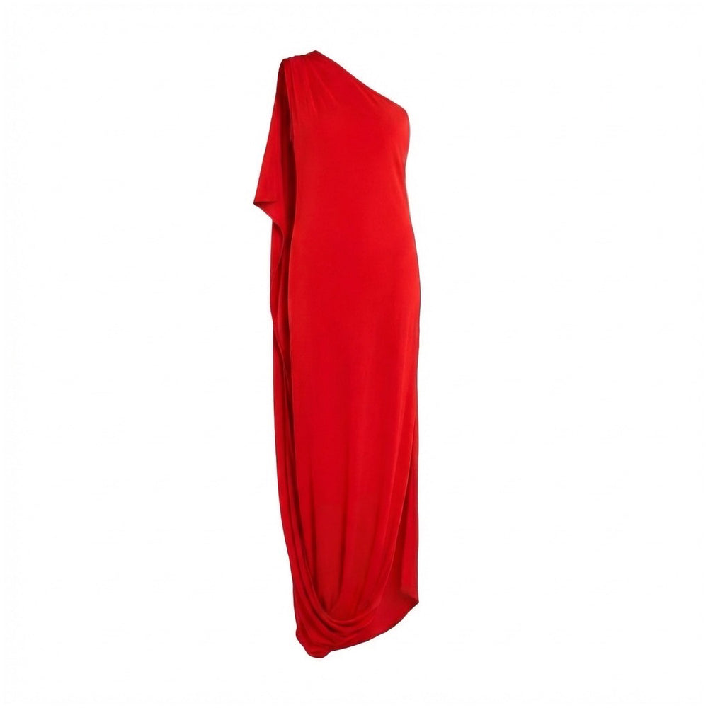Red matte jersey draped one-shoulder dress with ruched waist and long hanging ties