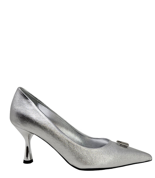 Pointed-toe stiletto pump with a sleek, glossy finish, mid-height heel, and gold lock embellishment at the toe. Features a sculpted silhouette and cushioned interior.