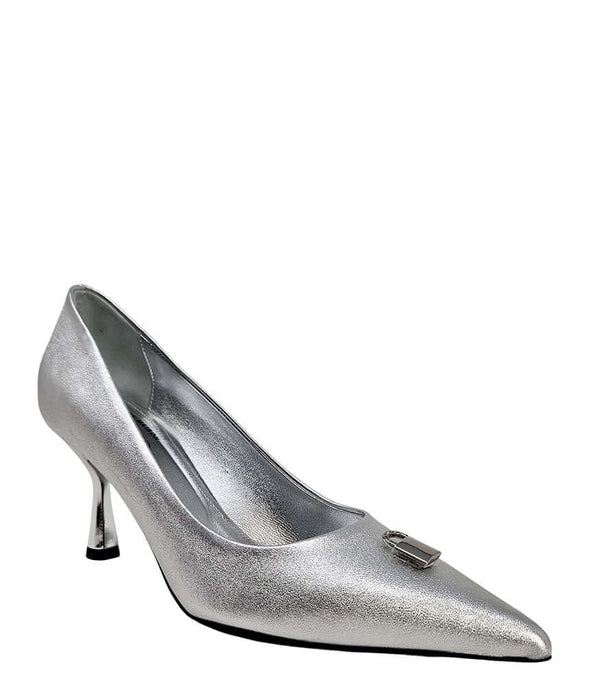 Pointed-toe stiletto pump with a sleek, glossy finish, mid-height heel, and gold lock embellishment at the toe. Features a sculpted silhouette and cushioned interior.
