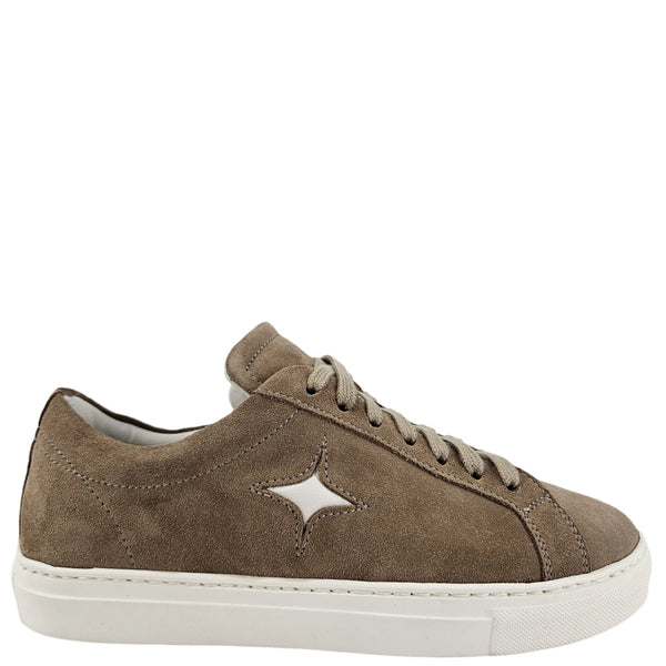 Brown suede sneaker with a white star on a white background