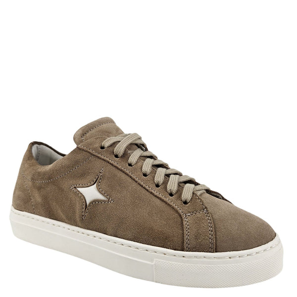 Brown suede sneaker with a star detail on a white background