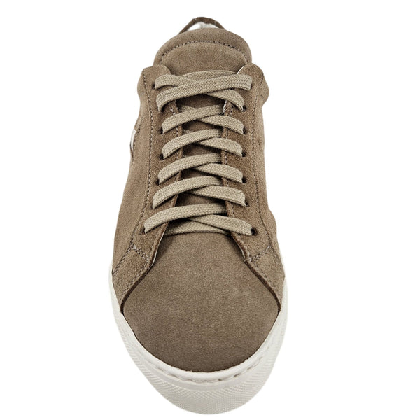 Brown suede sneaker with white sole on a white background